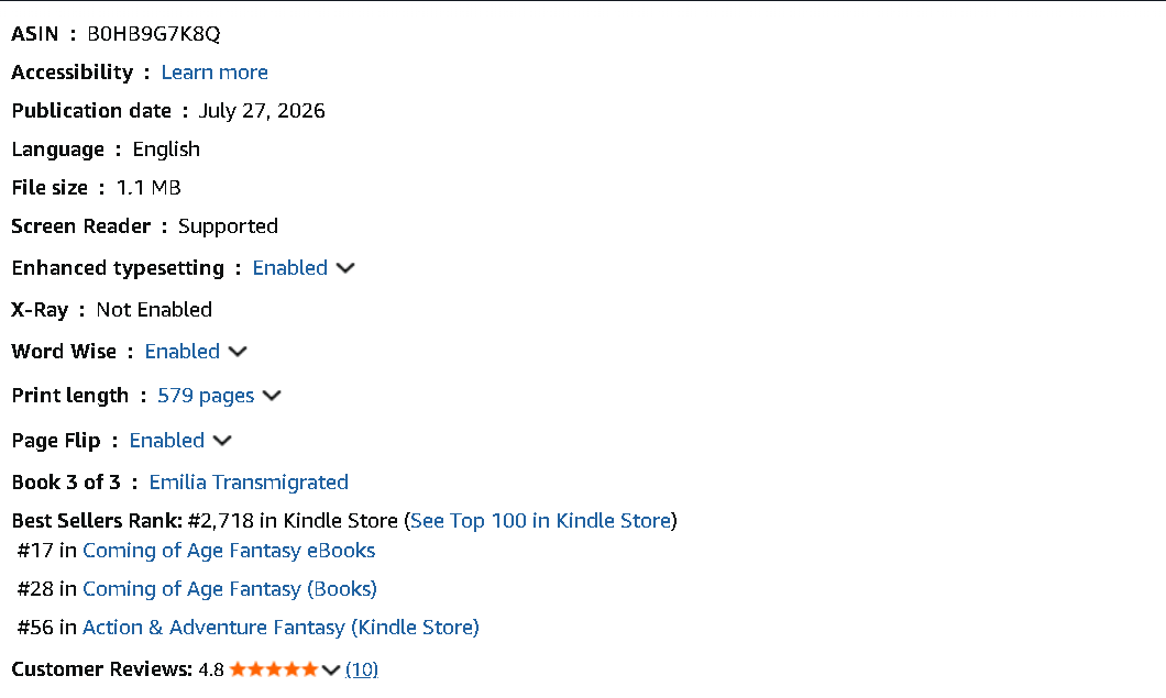 Amazon product details showing Book 3 at #2,718 in the Kindle Store